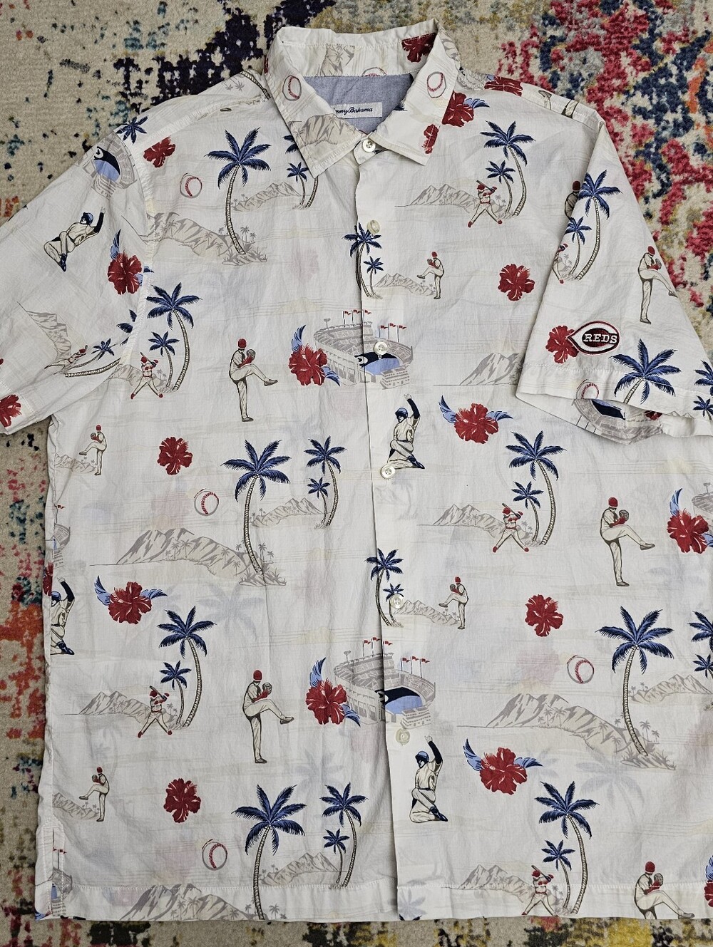 Tommy Bahama Cincinnati Reds Baseball Palm Themed Hawaiian Shirt Mens XL